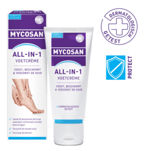 Mycosan ALL-IN-1 Voetcrème voedt en beschermt de huid en waardoor schimmels minder kans krijgen.